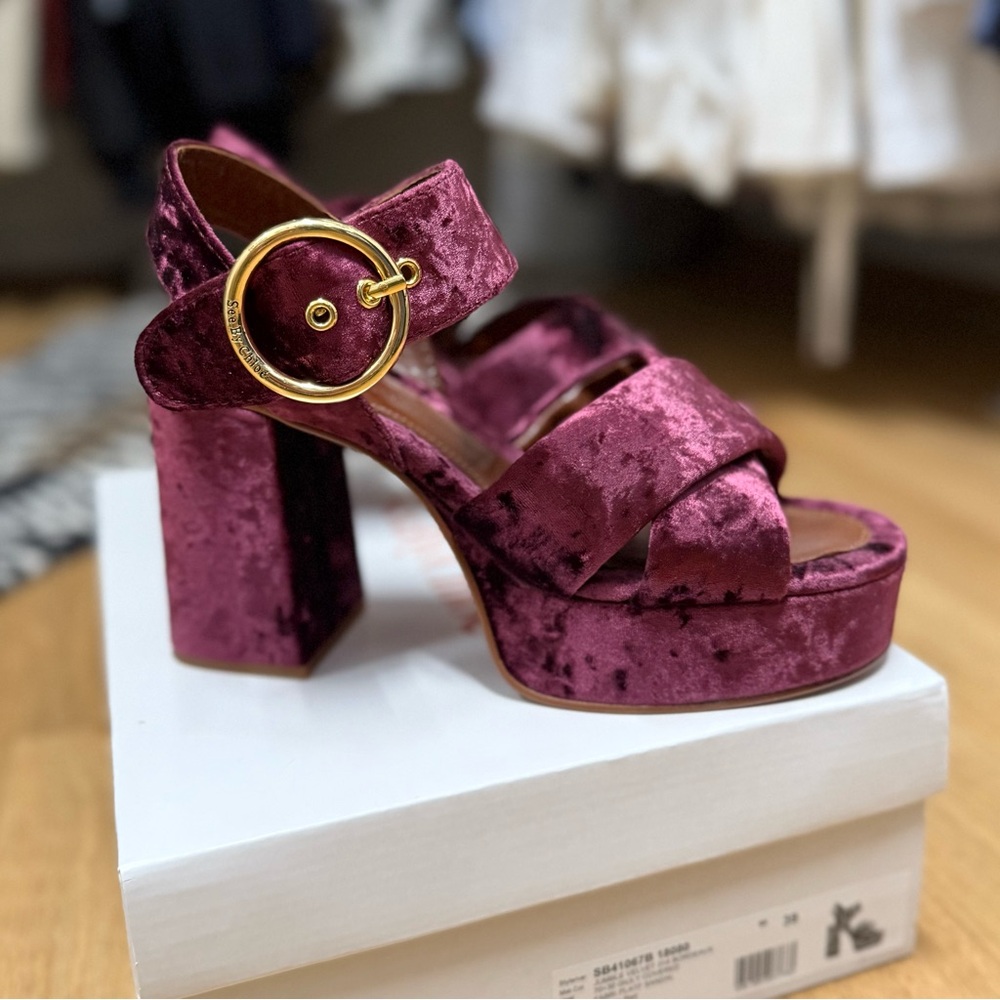 New See By Chloe Orla Bordeaux Velvet Ankle Wrap Platform Sandals